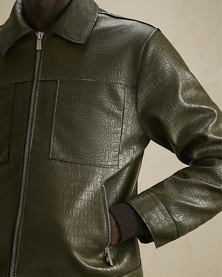 Khaki Faux Leather Textured Shacket