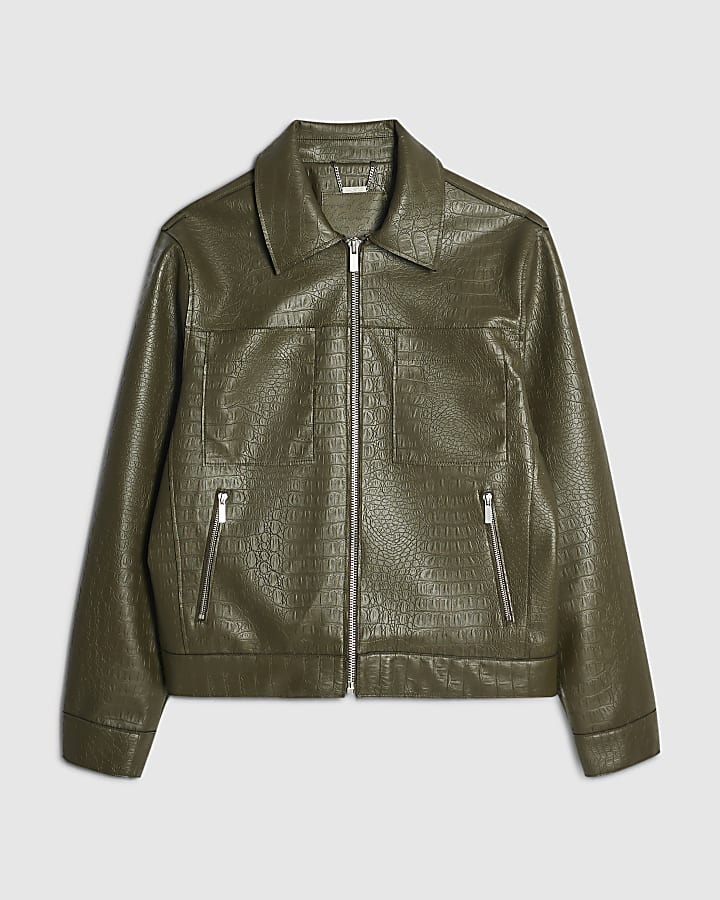 Khaki Faux Leather Textured Shacket