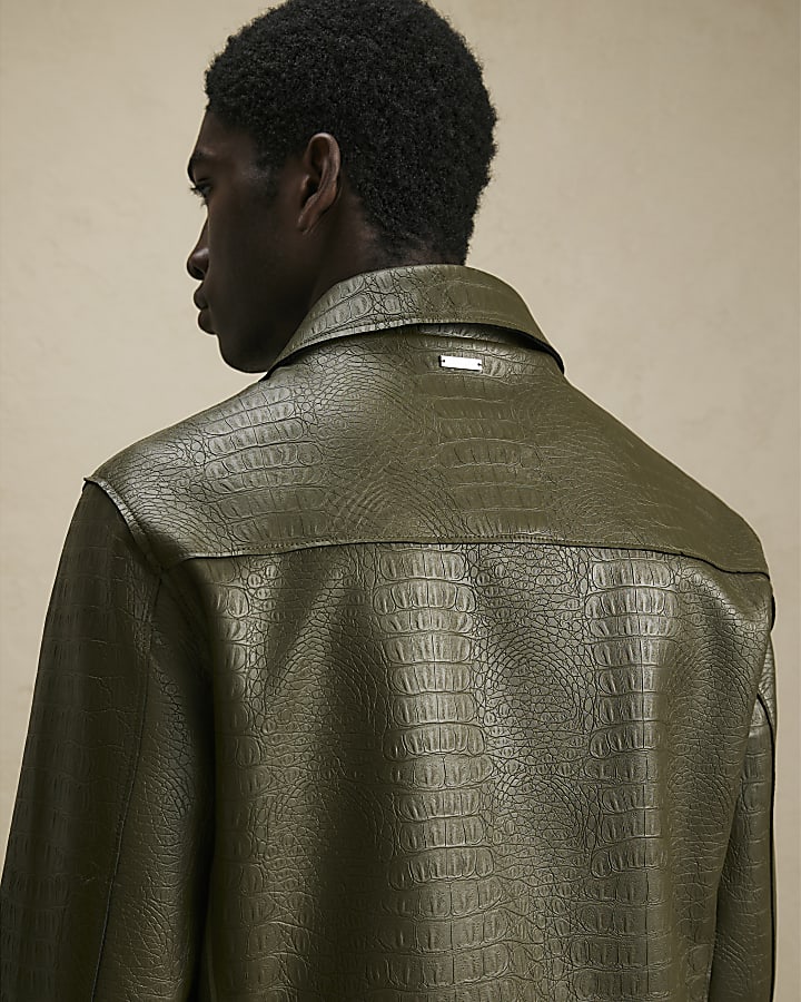 Khaki Faux Leather Textured Shacket