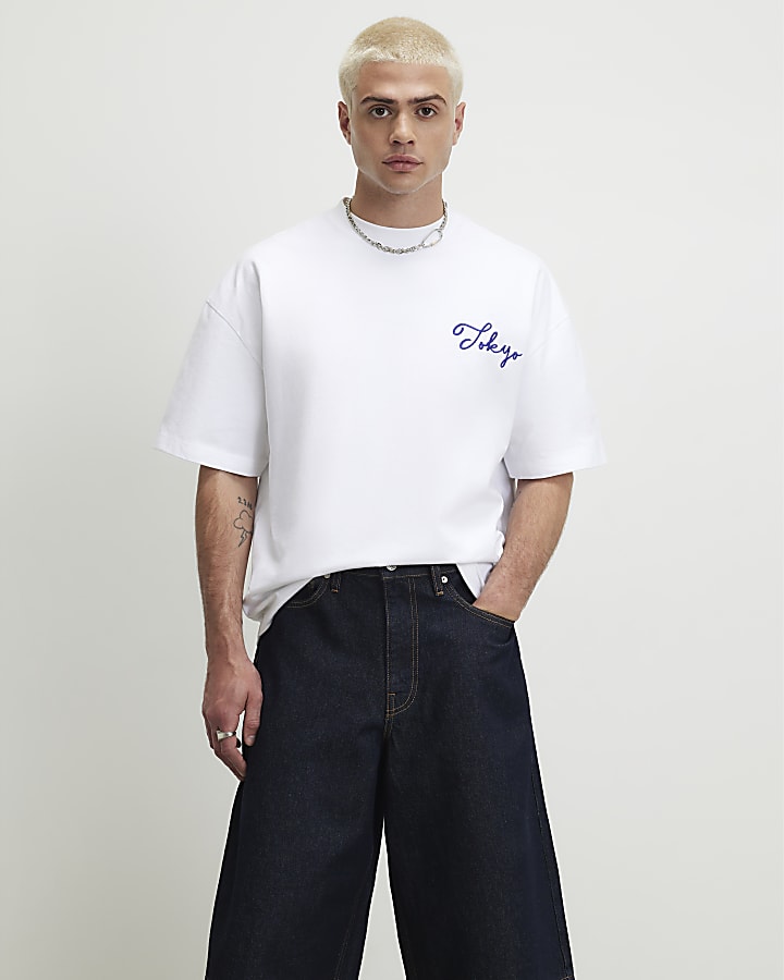 White Cotton Embroidered Dragon T-Shirt