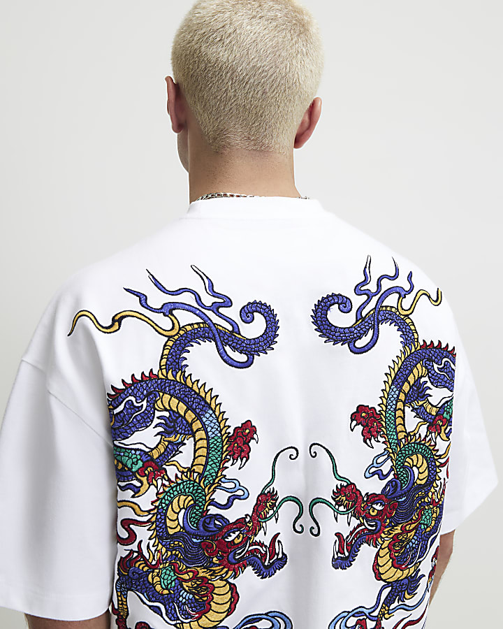 White Cotton Embroidered Dragon T-Shirt