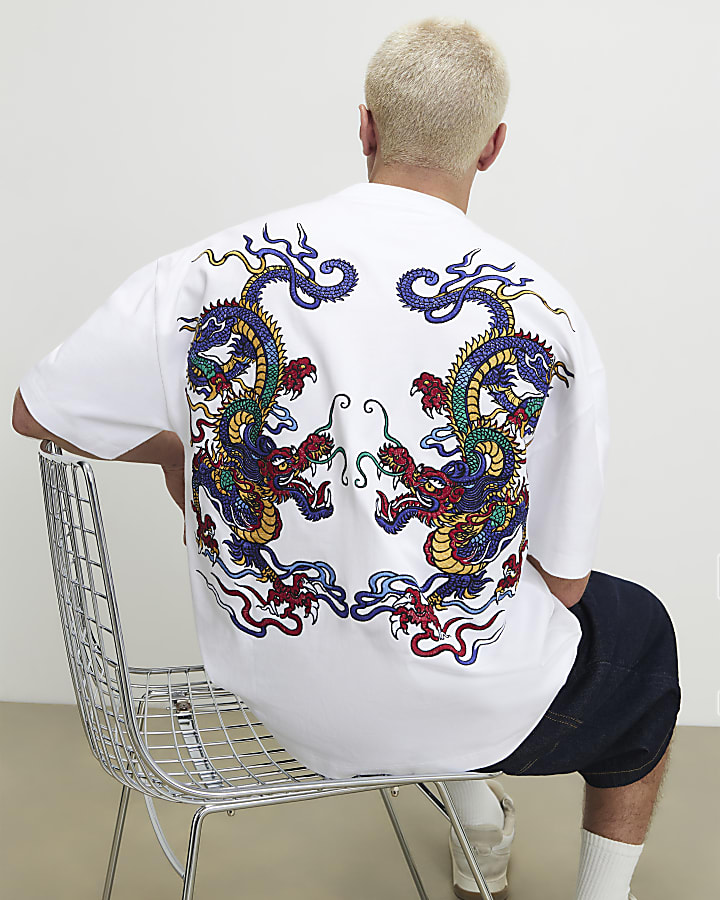 White Cotton Embroidered Dragon T-Shirt