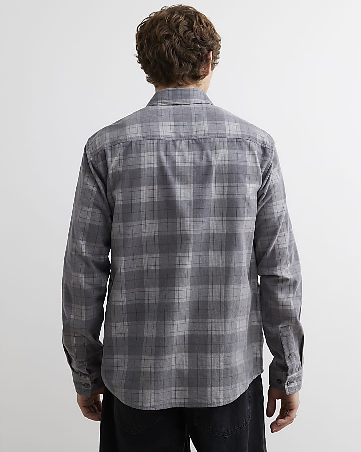 Grey Slim Fit Corduroy Check Shirt