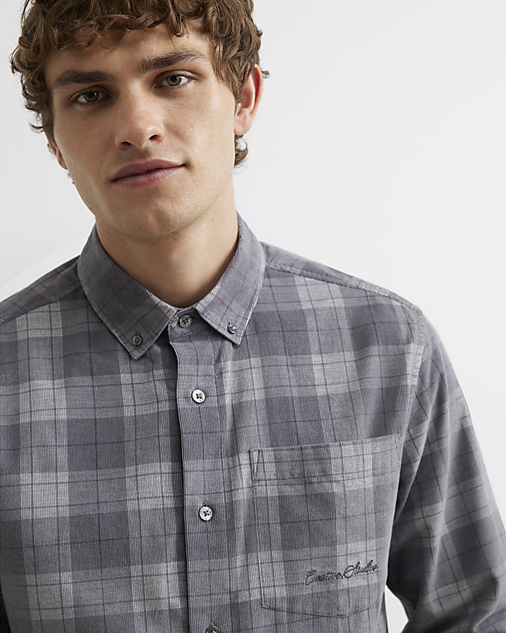 Grey Slim Fit Corduroy Check Shirt