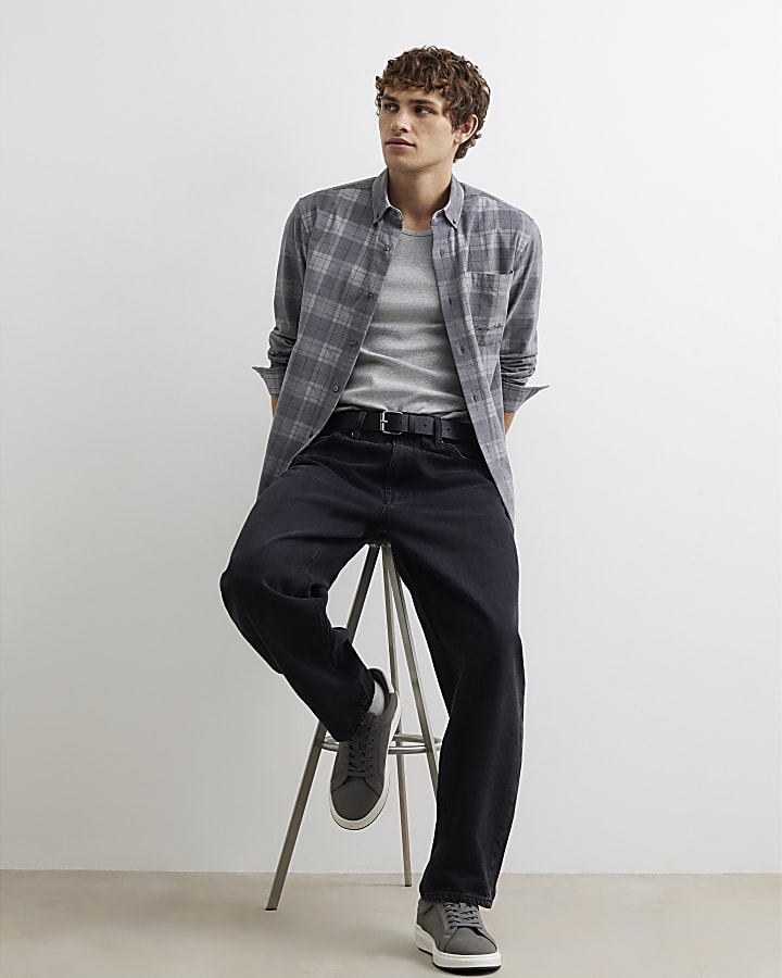 Grey Slim Fit Corduroy Check Shirt