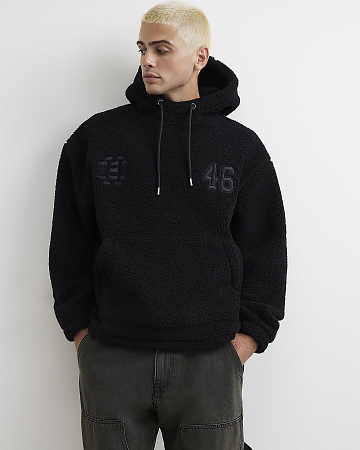 Black Oversized Fit Borg 46 Hoodie