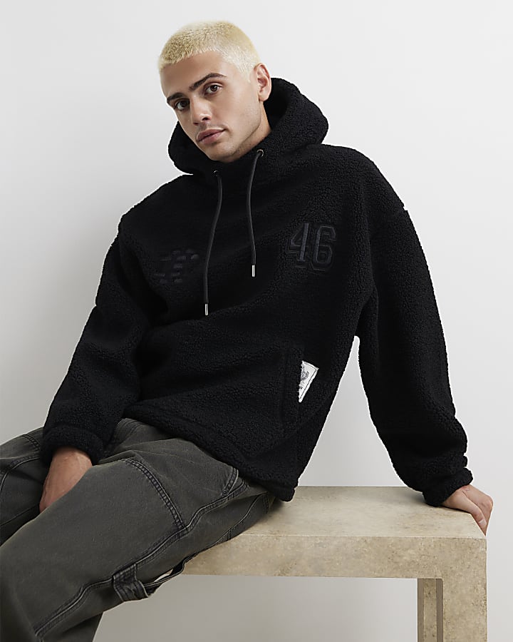 Black Oversized Fit Borg 46 Hoodie
