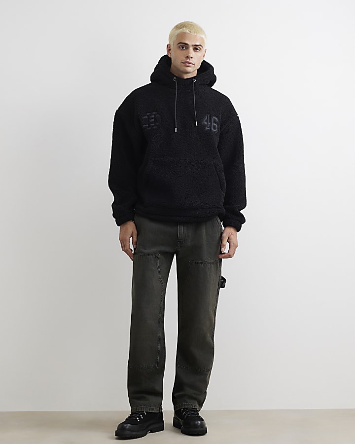 Black Oversized Fit Borg 46 Hoodie