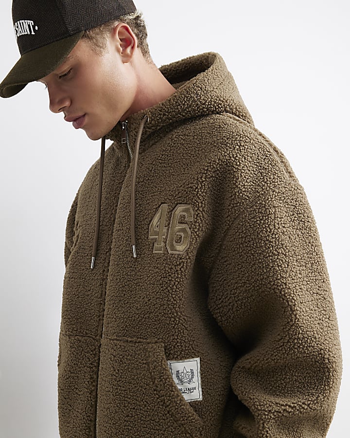 Khaki Oversized Fit Borg Lined Hoodie
