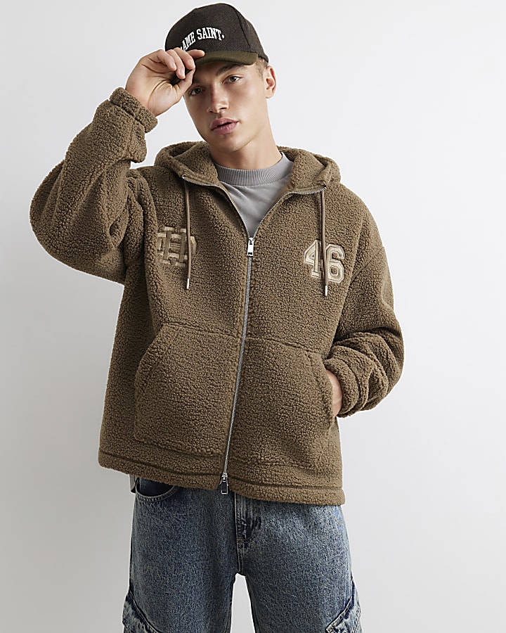 Khaki Oversized Fit Borg Lined Hoodie