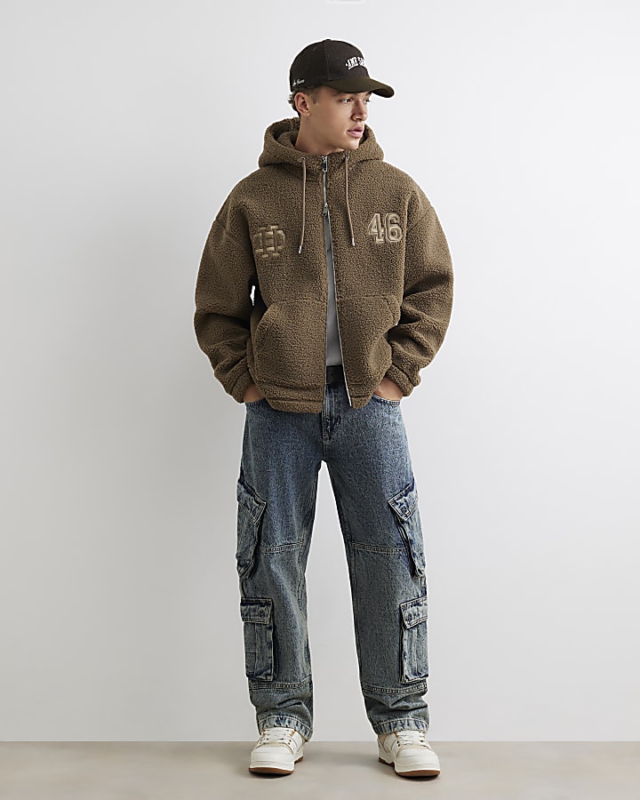 Khaki Oversized Fit Borg Lined Hoodie