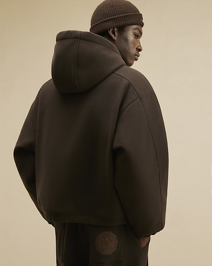 Brown Oversized Fit Crest Quilted Hoodie