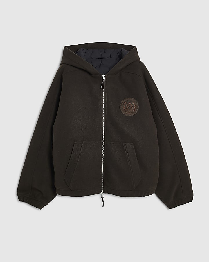 Brown Oversized Fit Crest Quilted Hoodie