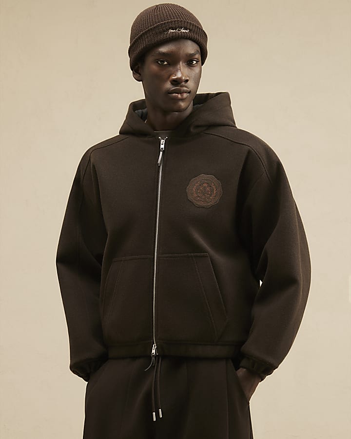 Brown Oversized Fit Crest Quilted Hoodie