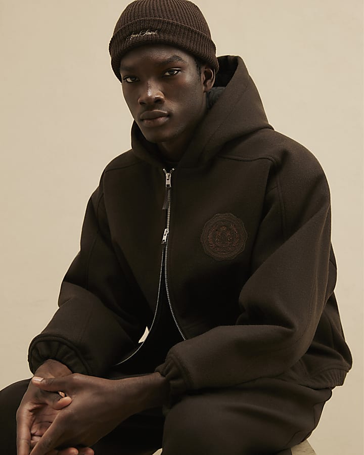 Brown Oversized Fit Crest Quilted Hoodie