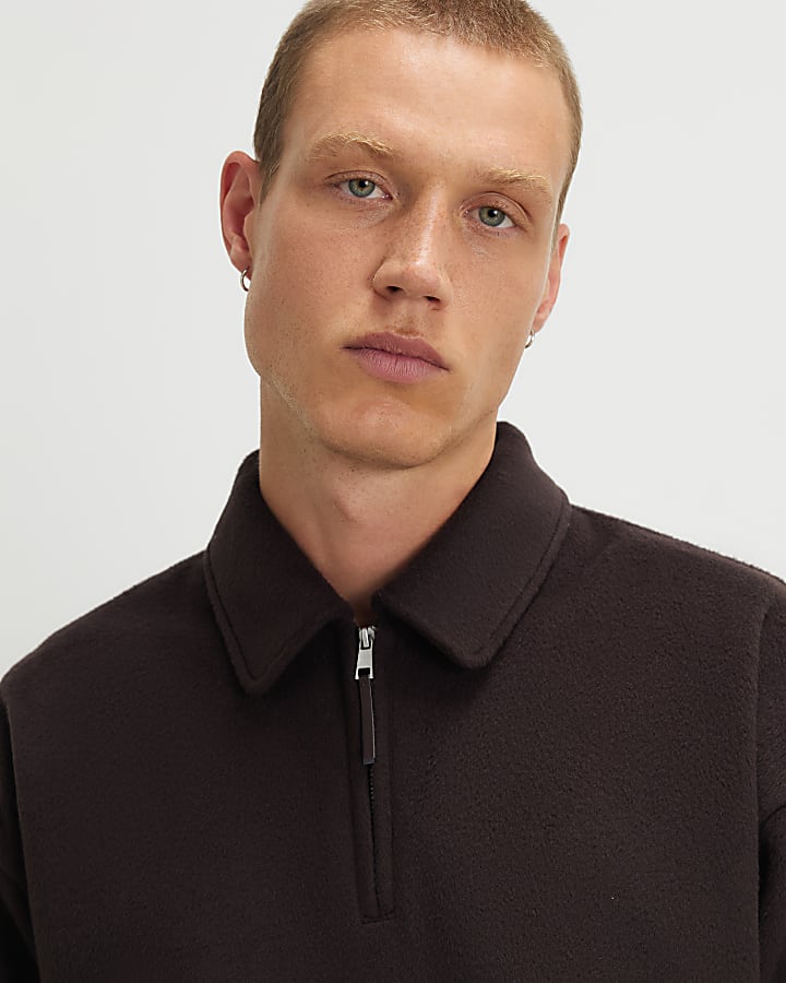 Brown Embroidered Quarter Zip Polo Sweatshirt