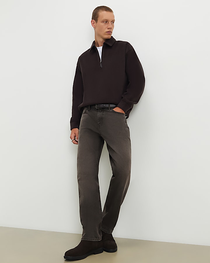 Brown Embroidered Quarter Zip Polo Sweatshirt