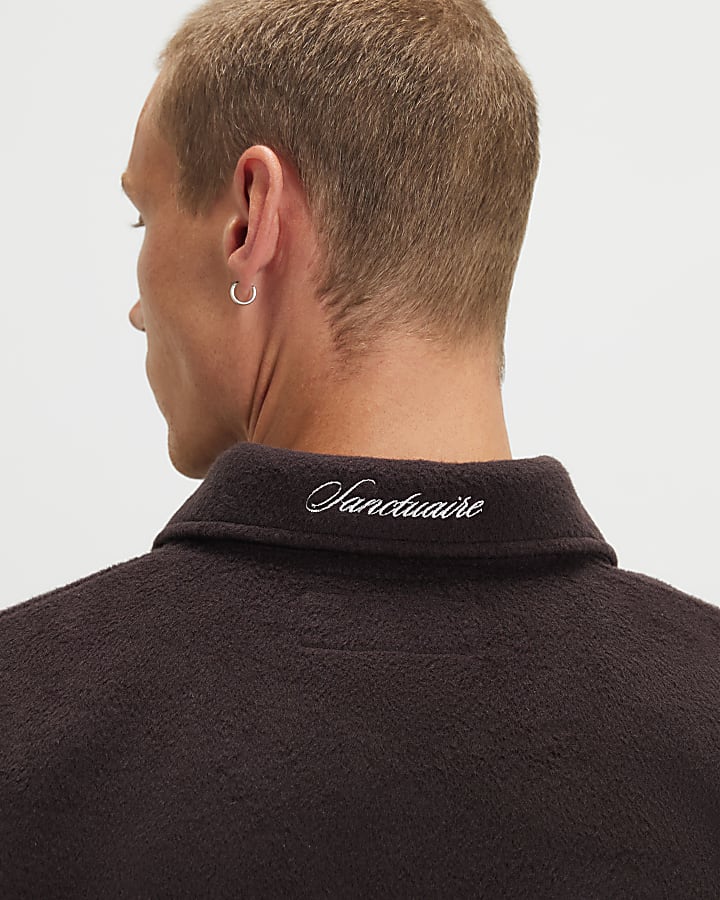 Brown Embroidered Quarter Zip Polo Sweatshirt