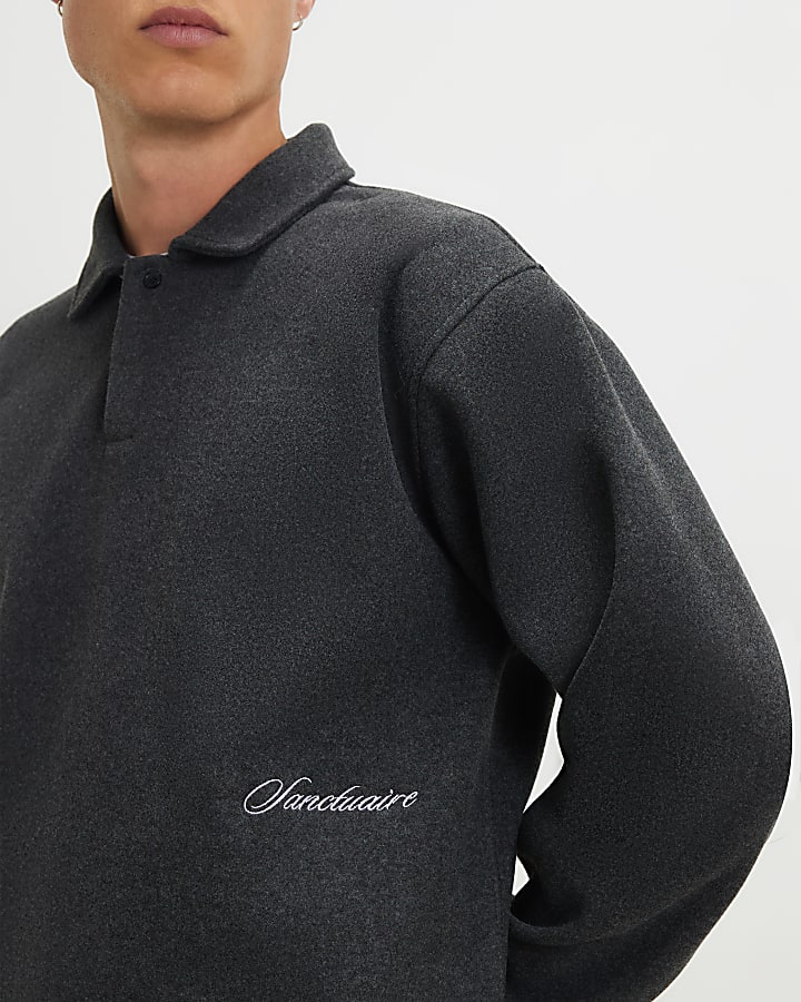 Grey Embroidered Buttoned Polo Sweatshirt