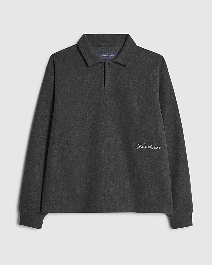 Grey Embroidered Buttoned Polo Sweatshirt