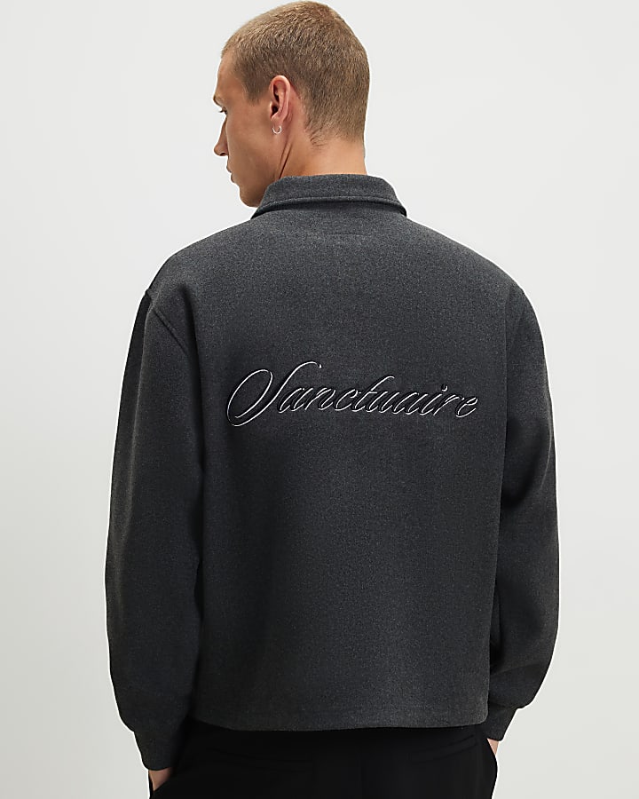 Grey Embroidered Buttoned Polo Sweatshirt