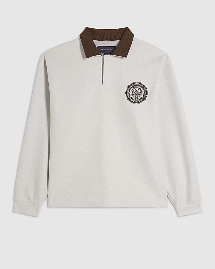 Grey Oversized Fit Felt Crest Polo Shirt