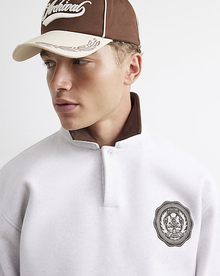 Grey Oversized Fit Felt Crest Polo Shirt
