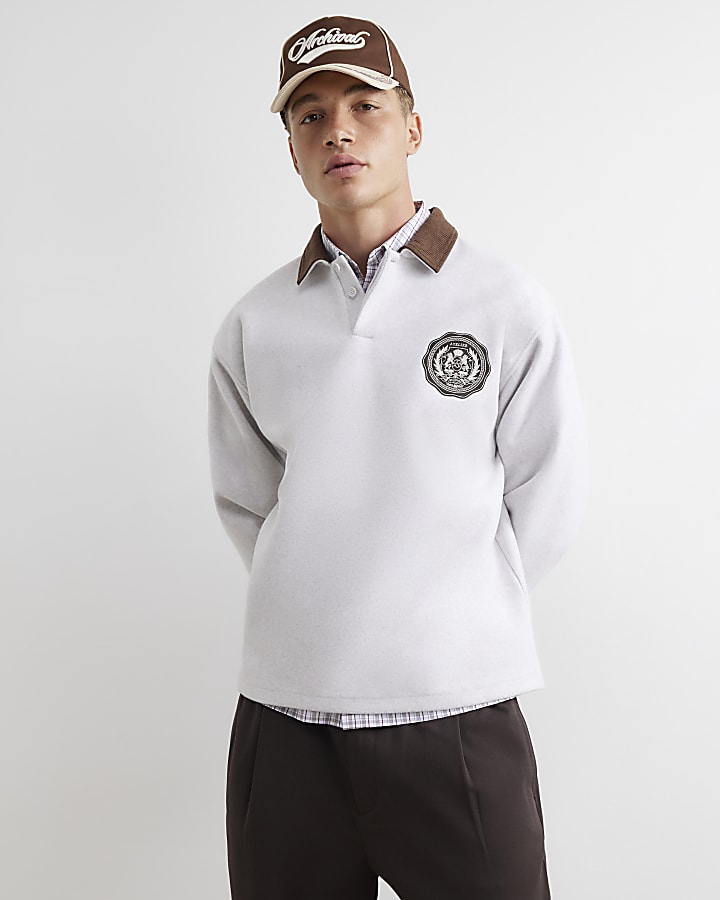 Grey Oversized Fit Felt Crest Polo Shirt