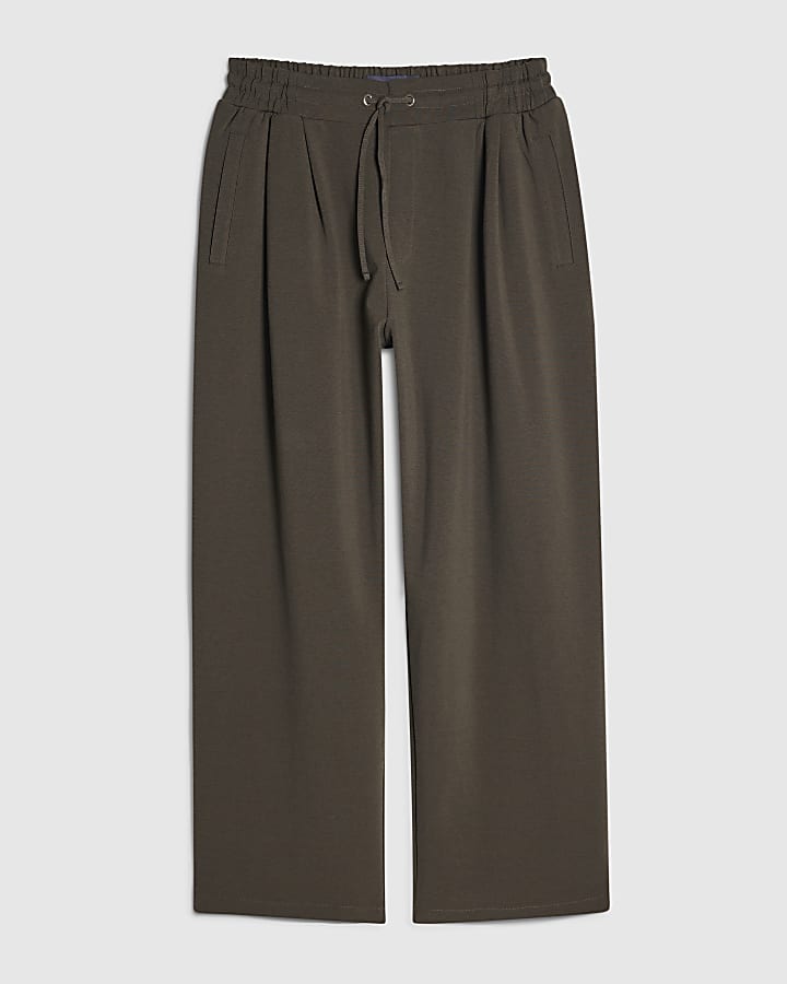 Khaki Wide Leg Pleated Joggers