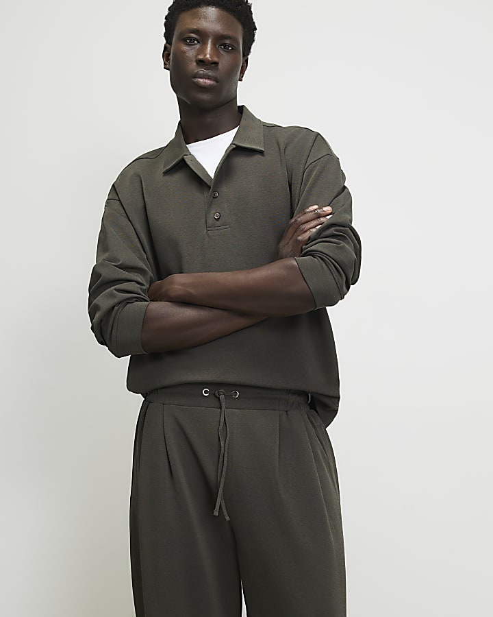 Khaki Wide Leg Pleated Joggers