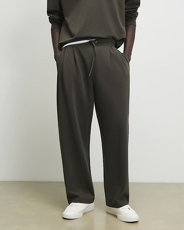 Khaki Wide Leg Pleated Joggers