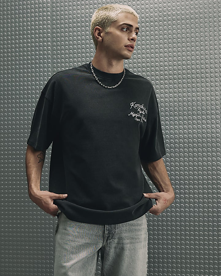 Black Cotton Washed Dragon T-Shirt