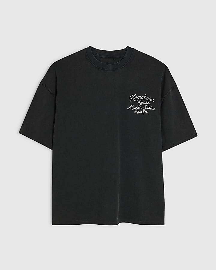 Black Cotton Washed Dragon T-Shirt