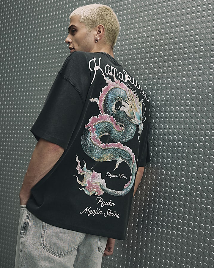 Black Cotton Washed Dragon T-Shirt