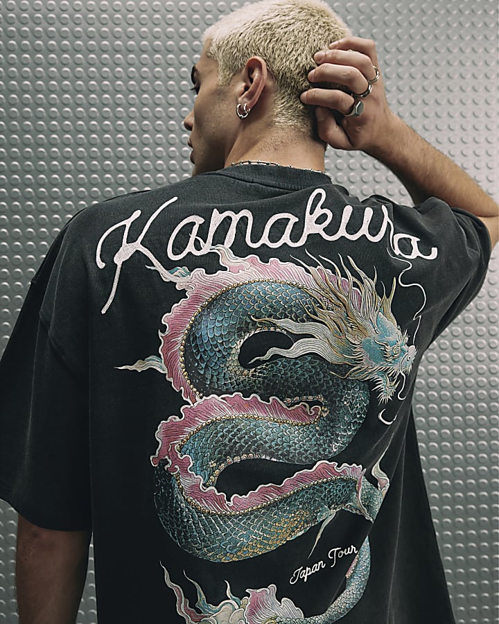 Black Cotton Washed Dragon T-Shirt