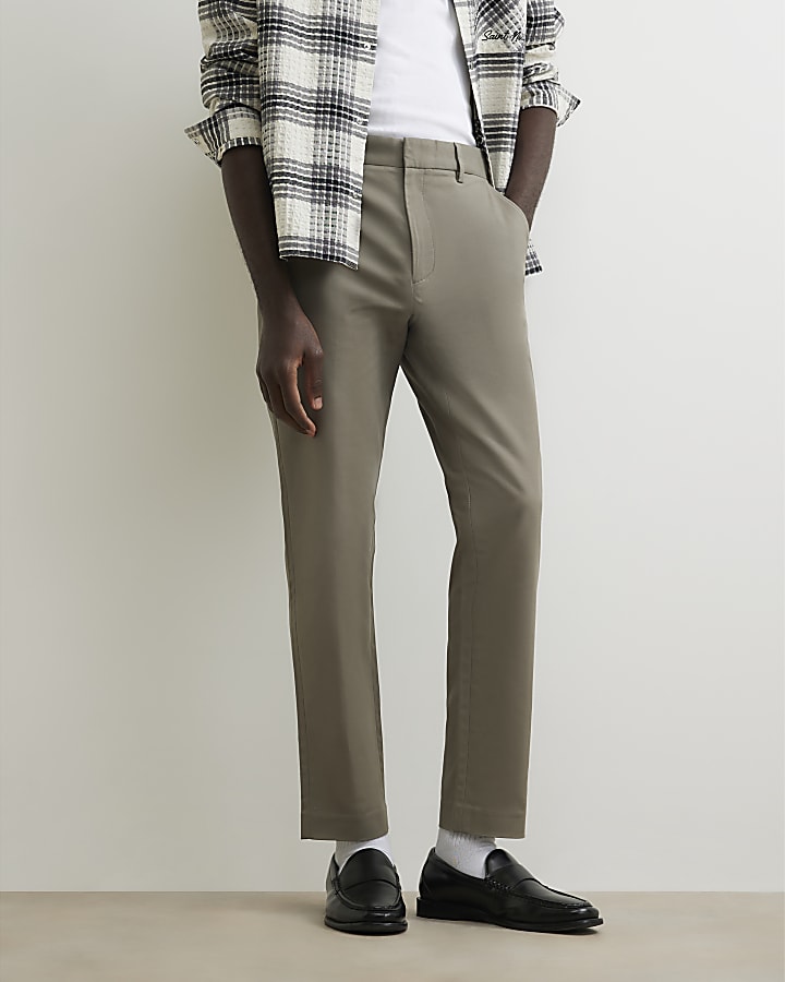 Brown Slim Fit Cotton Blend Chino Trousers