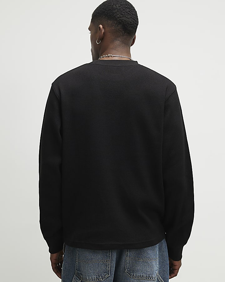 Black Oversized Fit  Waffle Textured T-Shirt