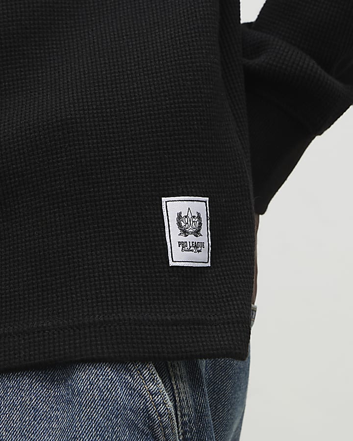 Black Oversized Fit  Waffle Textured T-Shirt