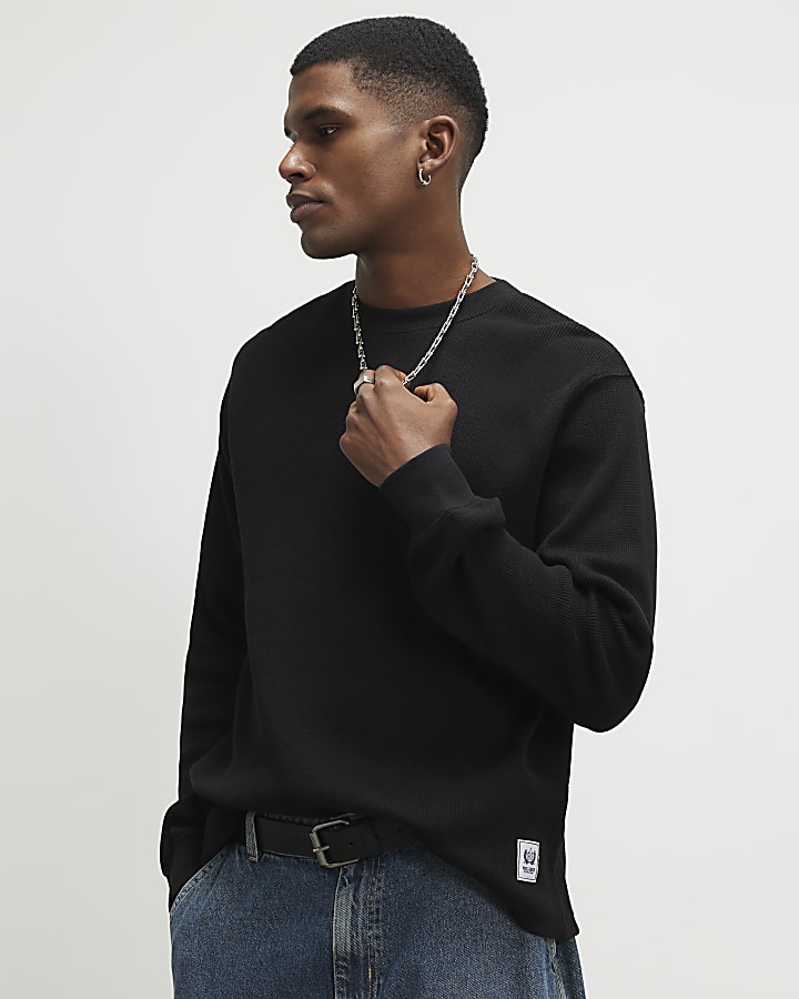 Black Oversized Fit  Waffle Textured T-Shirt