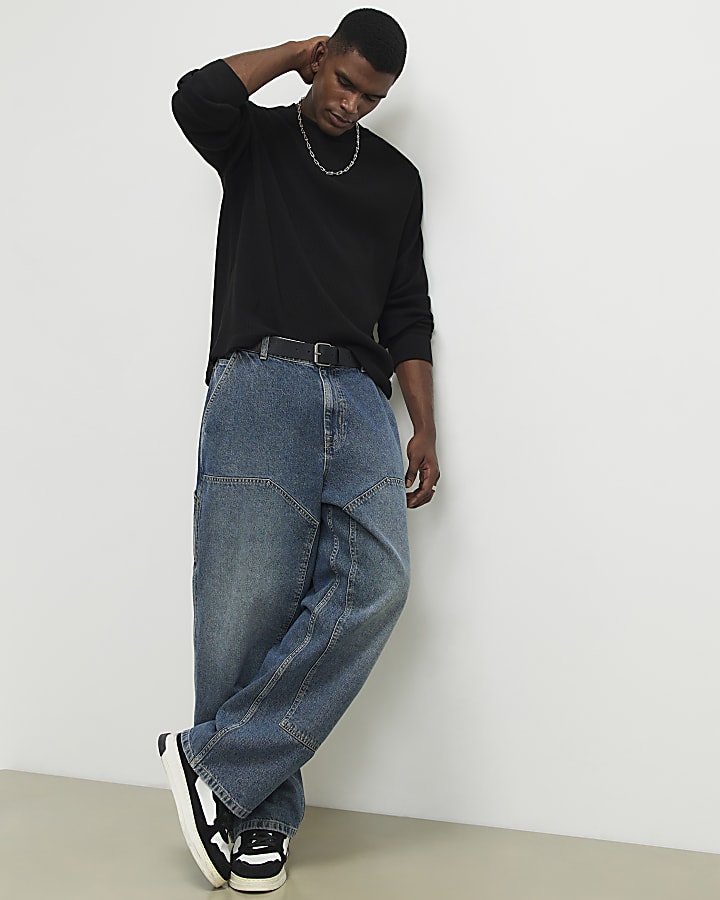 Black Oversized Fit  Waffle Textured T-Shirt