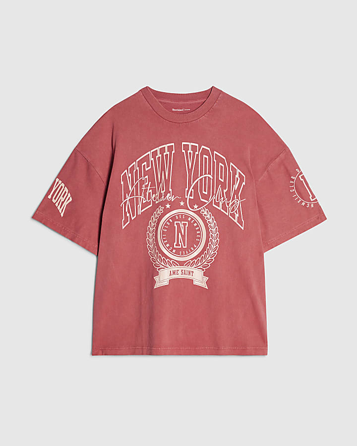 Red Oversized Fit Cotton New York T-Shirt