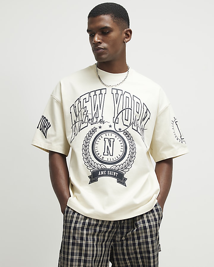 Cream Cotton New York Badge T-Shirt