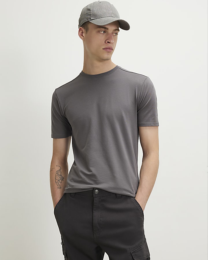 Grey Muscle Fit Cotton Blend Stretch T-Shirt