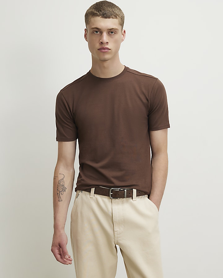 Brown Muscle Fit Cotton Blend Stretch T-Shirt