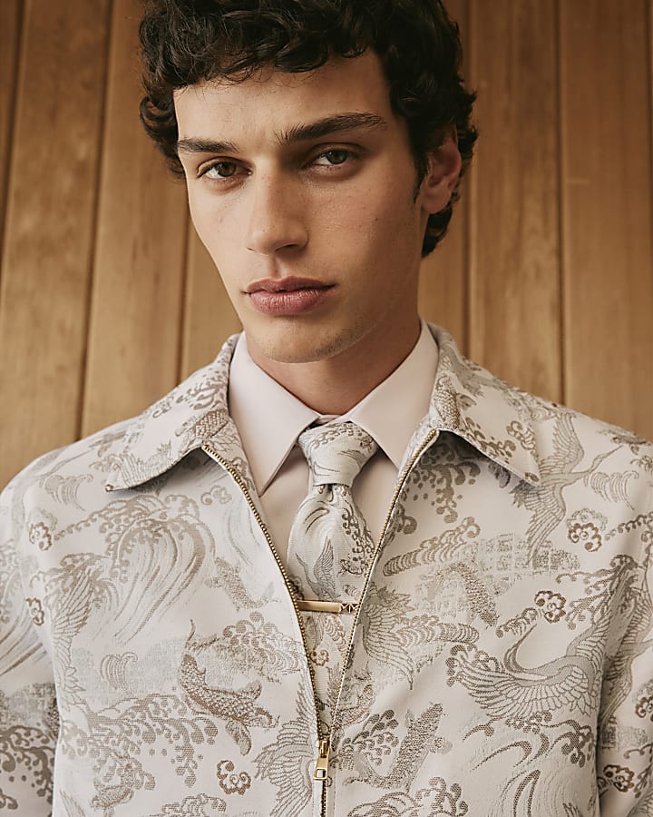 Silver Twisted Tailor Graphic Print Tie