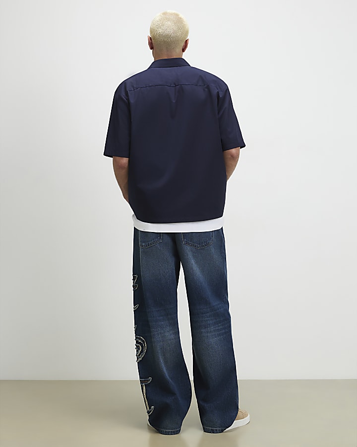 Blue Baggy Fit Embroidered Jeans