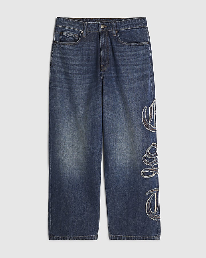 Blue Baggy Fit Embroidered Jeans