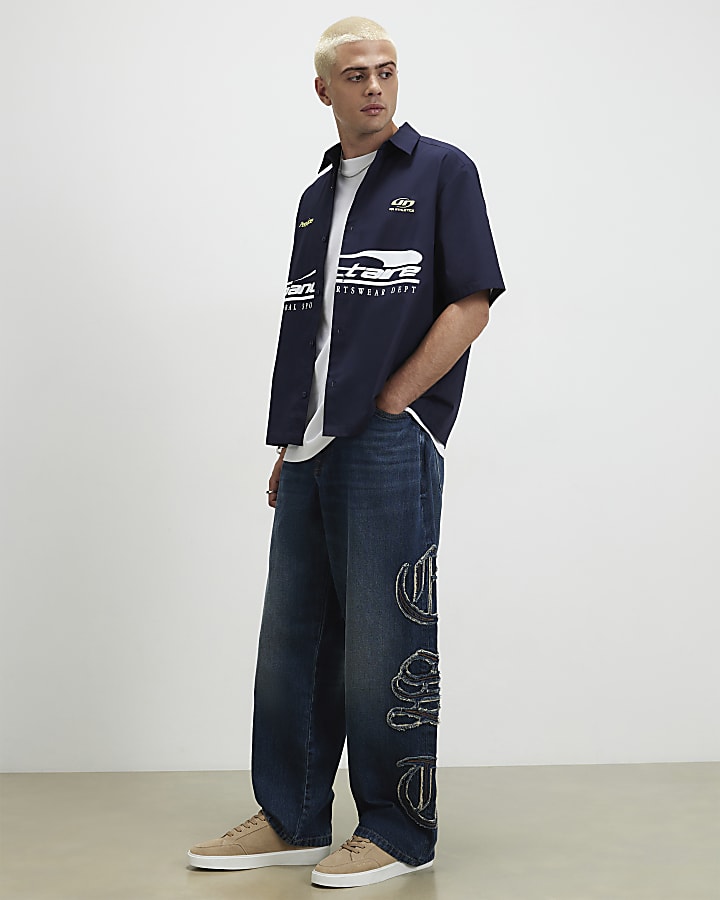 Blue Baggy Fit Embroidered Jeans