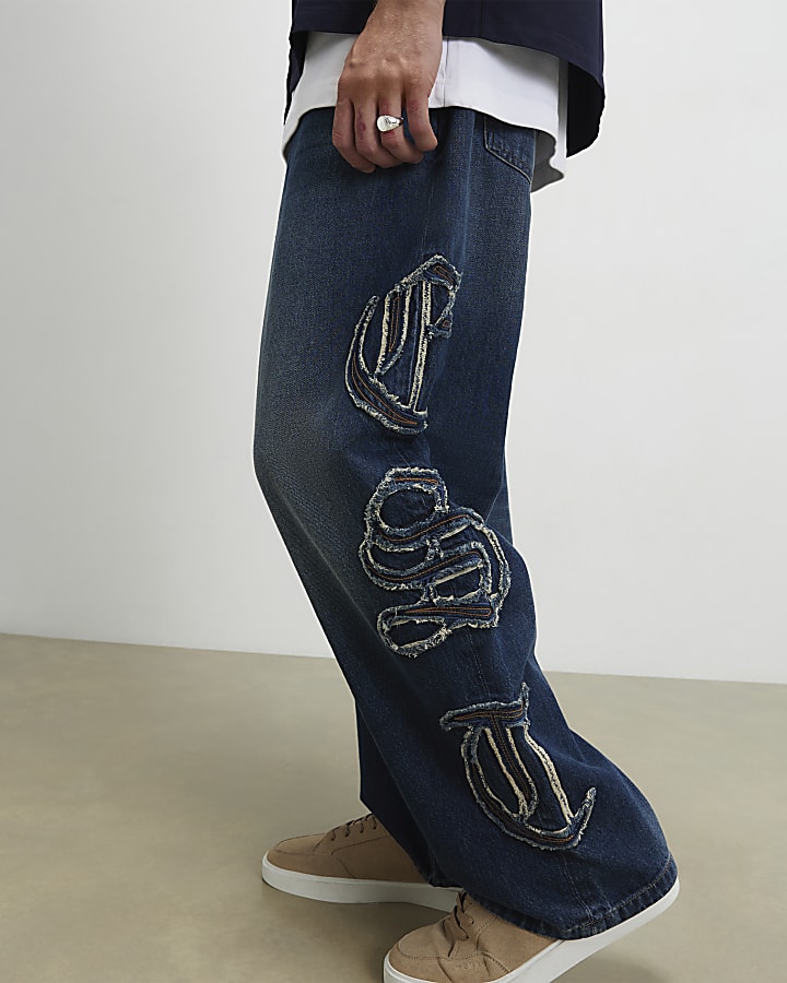 Blue Baggy Fit Embroidered Jeans