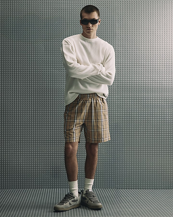 Brown Regular Fit Check Shorts